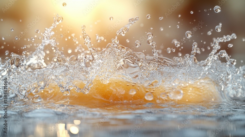 Poster dynamic golden liquid splash with sparkling water droplets and bokeh background splash water liquid