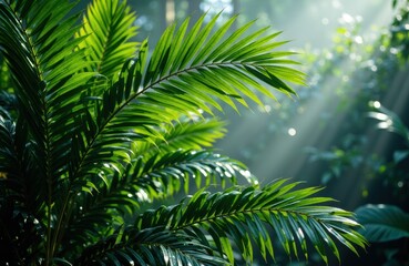Fototapeta premium Lush green palm leaves illuminated by sunlight in a vibrant tropical setting