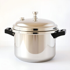 A stainless steel pressure cooker with black handles isolated on a transparent background