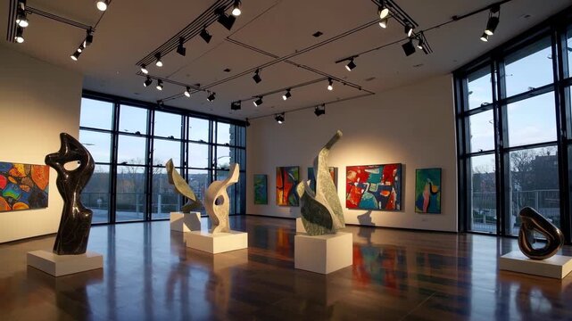 An art gallery showcasing diverse sculptures and paintings