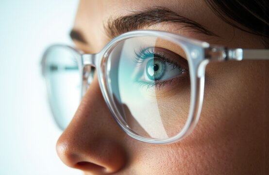 Close-up of a woman wearing glasses with blue eyes and clear lenses, emphasizing vision and focus