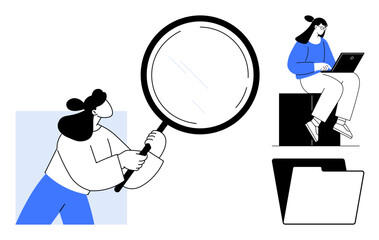 Woman holding magnifying glass for focused search and another working on a laptop next to folder. Ideal for research, analysis, data organization, information management, workflow efficiency
