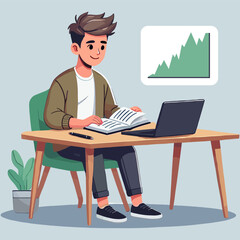Illustration of a young man learning to read economic chart with a book and laptop.