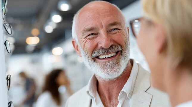 Happy senior man trying on new eyeglasses and smiling with joy in an optician shop