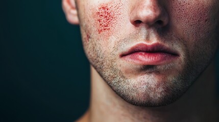 Obraz premium Close-up of a man's lower face showing red, irritated skin and facial stubble against a dark background.