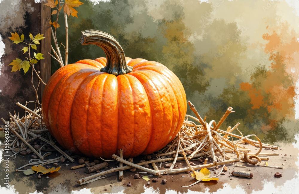 Aufkleber pumpkin resting on a bed of twigs and dried leaves in an autumn setting with blurred trees in the ba