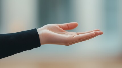 A close-up of a human hand extended with the palm facing upwards against a blurred background.