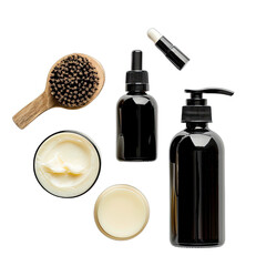 A flatlay showcasing grooming products a wooden brush, two dark bottles (one pump, one dropper), two small jars of cream, and a roll-on applicator