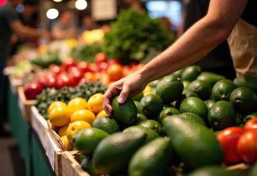 Fresh avocados and colorful fruits at a vibrant farmers market