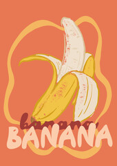 Vector tropical fruit poster of banana. Hand-drawn garden harvest sketch. Tasty food illustration for restaurant and cafe interior, fruit market drawing print, fabric or background.