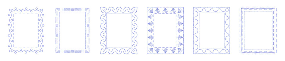 Retro stamp frames in Italian coastal style. Blue border ornament with crayon texture. Blue rectangle poster frames, vector illustration