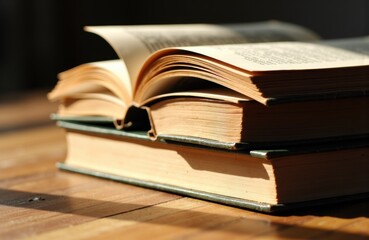 Open books stacked on a wooden surface with one book open and pages slightly curled