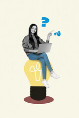 Sketch template photo collage of young lady sit electric light bulb smile work laptop questoin...
