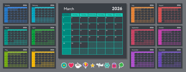 2026 year planner, wall calendar with stickers. Blank annual schedule template for daily and monthly agenda. Planner for 2026 year with rainbow colors on dark bg, vector illustration