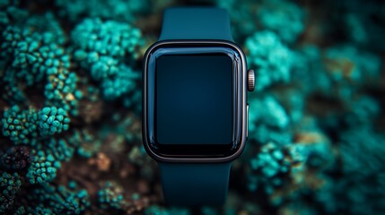 A sleek smartwatch with a black screen on a teal strap rests on a textured, turquoise coral-like background.