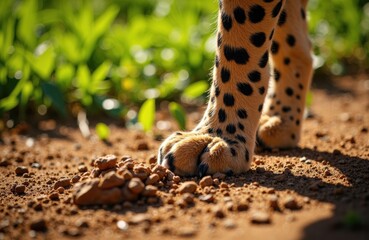 Fototapeta premium A cheetah's paw steps on dry soil in a lush green environment