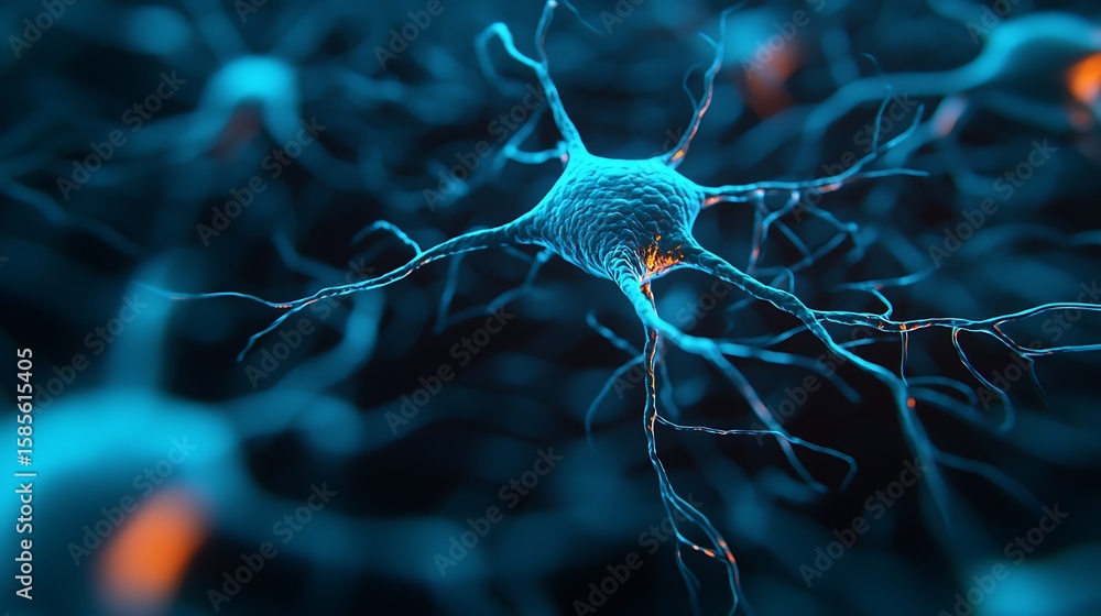 Aufkleber a glowing blue neuron with dendrites extending, set against a blurred dark background, illustrating 