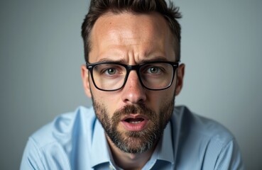 Man with glasses showing surprise or confusion in a close-up portrait