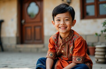 A smiling young boy wearing traditional clothing sitting outdoors in front of a rustic house