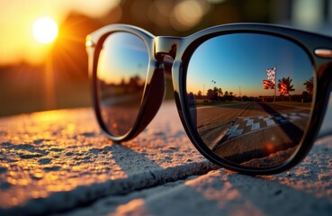 Sunglasses reflecting a sunset scene with flags and a crosswalk on a sunny day