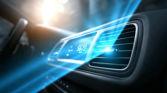 Moderne Autoklimaanlage bei Sommerhitze &ndash; Detailaufnahme L&uuml;ftung. K&uuml;nstliche Intelligenz KI