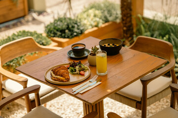Cozy Outdoor Café Table with Turkish Tea and Colorful Brunch

