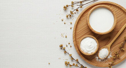 Top view flat lay of dairy or plant-based milk, yogurt, and powder ingredients in wooden bowls with natural decor isolated on white background, copy space - healthy food and natural products