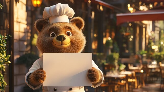 Bear chef holding blank sign restaurant