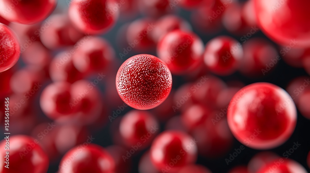 Poster close-up digital rendering of multiple red blood cells floating in a fluid, highlighting their textu