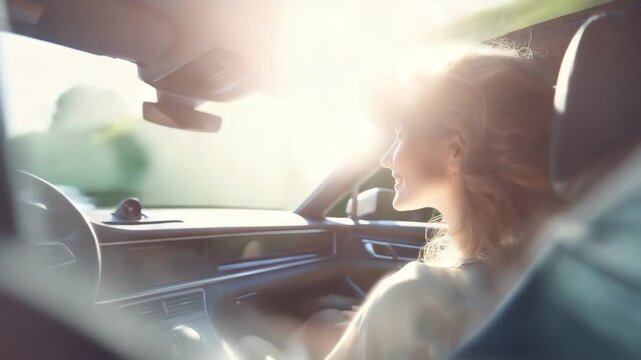 Sommerliche Autofahrt mit Klimaanlage &ndash; Frau genie&szlig;t k&uuml;hlen Luftstrom. K&uuml;nstliche Intelligenz KI