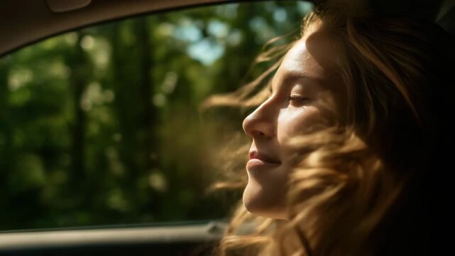 Sommerliche Autofahrt mit Klimaanlage &ndash; Frau genie&szlig;t k&uuml;hlen Luftstrom. K&uuml;nstliche Intelligenz KI