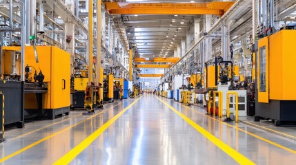 Modern industrial manufacturing facility with yellow machinery and organized workflow