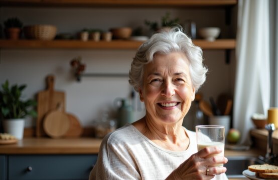 Elderly woman with gray hair smiling and holding a glass of milk in a cozy kitchen setting