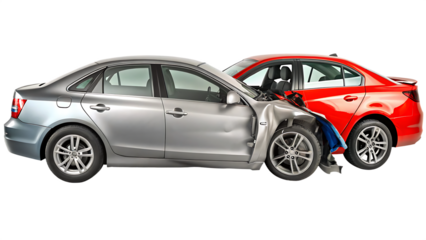 Silver and red cars damaged crash isolated on a transparent background