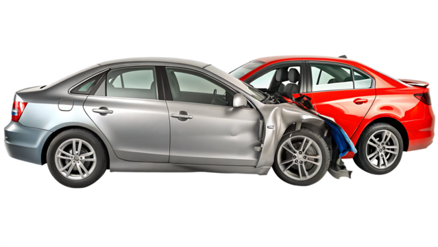 Silver and red cars damaged crash isolated on a transparent background