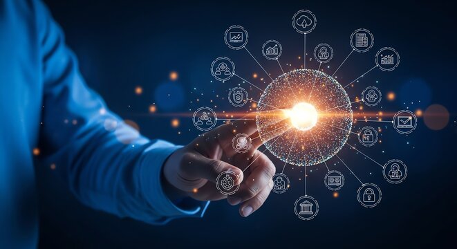 A persons finger touches a glowing digital network sphere with various icons