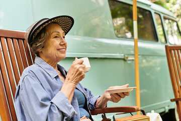 Senior woman enjoys tea in a peaceful garden setting surrounded by nature and tranquility