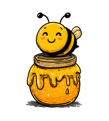 Honing in on nature's golden elixir, a honey bee buzzes around a traditional ceramic honey pot
