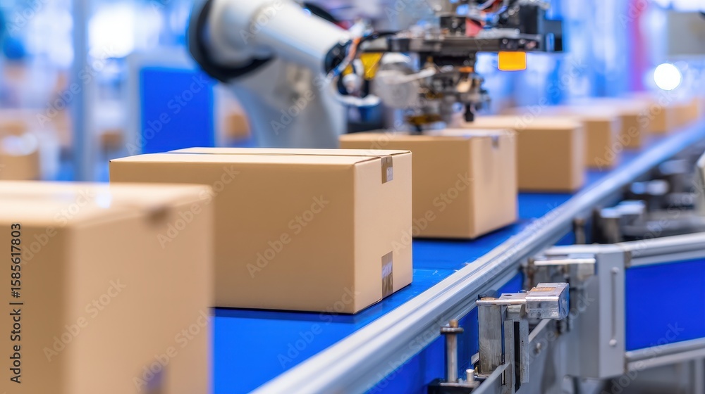 Poster robotic arm sorting brown cardboard boxes on a conveyor belt in a modern warehouse setting