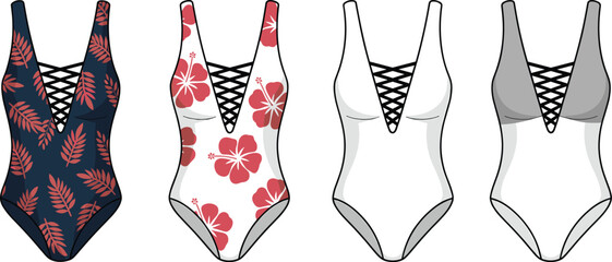 Trendy lace-up one-piece swimsuits with floral patterns and solid colors for summer beach fashion, cad drawing flat vector illustration