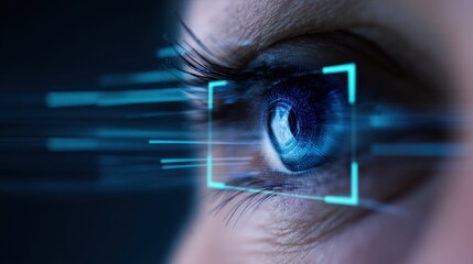 Close-up of a human eye with digital scanning effects, symbolizing technology and vision enhancement