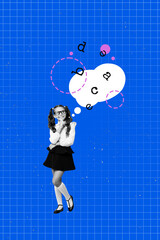 Sketch image 3d pop banner collage of happy small preteen schoolgirl think bubble letters plan...