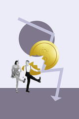 Pop vertical photo collage of inexperienced businesswoman businessman stand arrow decline dollar...