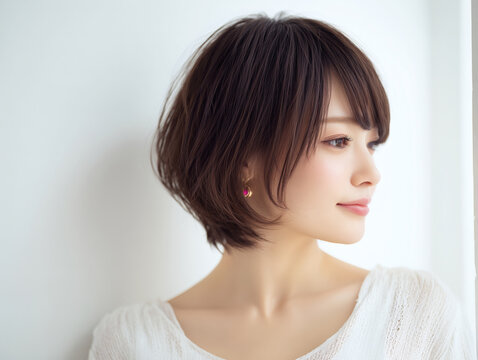 窓辺で優しく微笑むショートヘアの美しい日本人女性ポートレート