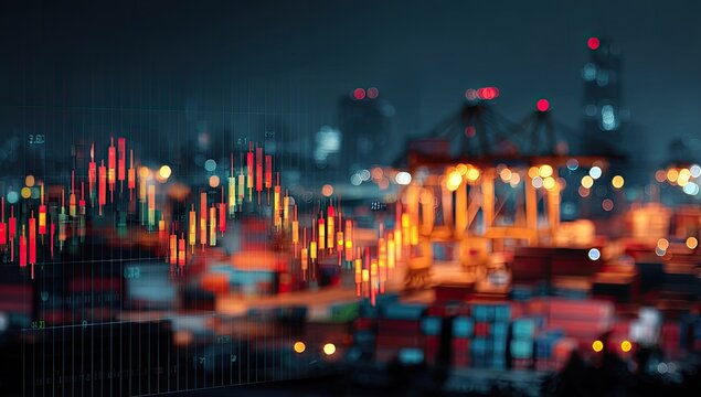 Night-time city harbor with stock chart overlay. Blurred cityscape of container terminal at night with a superimposed stock chart in orange and red