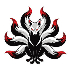 Black and white fox creature with nine red tipped tails kitsune mythical creature