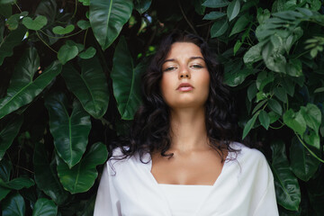 Powerful Woman in White Outfit Posing Gracefully in Front of Lush Tropical