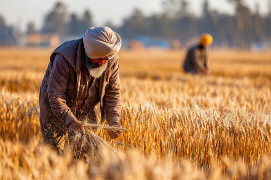 a man in a wheat field with a beard and a turban on his head, and another man in the background - Powered by Adobe