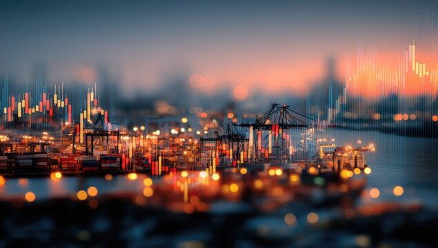 Blurry cityscape harbor at twilight, overlaid with stock market charts