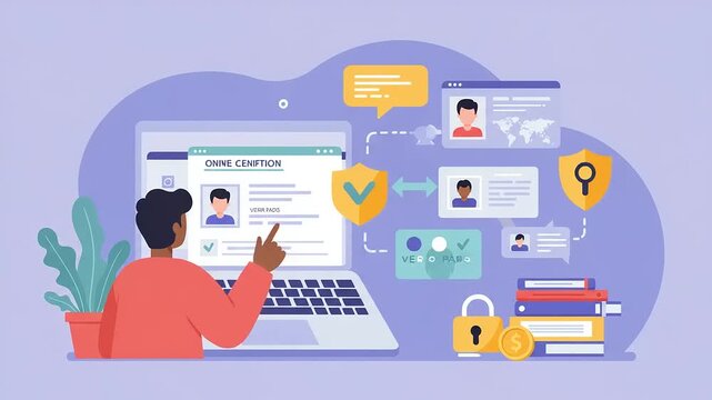 A person managing online identity verification on a laptop, surrounded by digital security elements - Powered by Adobe